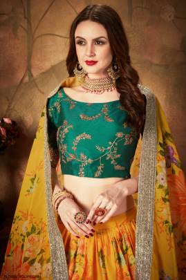 Yellow and Green Organza Lehenga Choli From Floral Vol 1 by Zeel Clothing