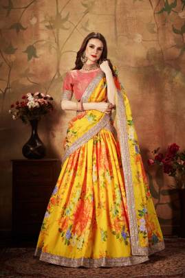 Yellow and Orange Organza Lehenga Choli From Floral Vol 1 by Zeel Clothing