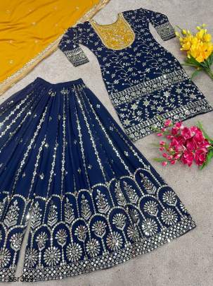 Yellow Blue Combination Designer Party Wear Look New Top-Plazzo and Dupatta SSR369