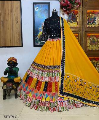 Yellow Printed Lehenga Choli In Heavy Muslin Cotton